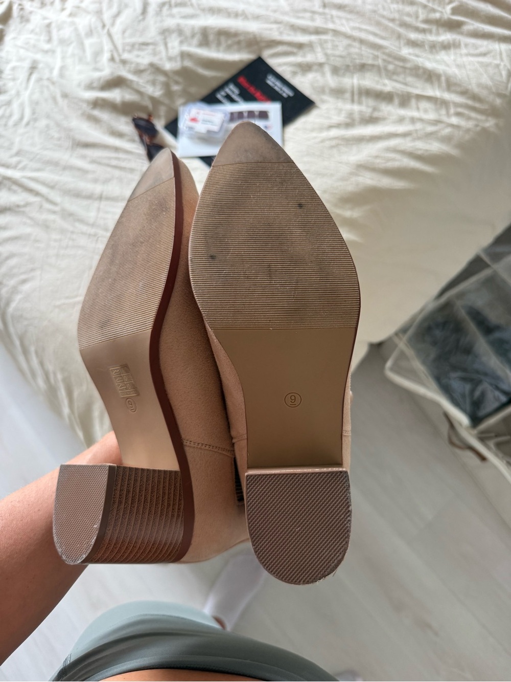 Tan Faux Suede Pointed Toe Chelsea Ankle Boots Block Heel 9 - Picture 7 of 7